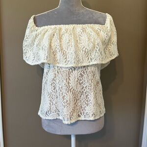 Anama for Anthropologie Cream Lace Boho off shoulder Romantic Ruffle‎ Top sz M